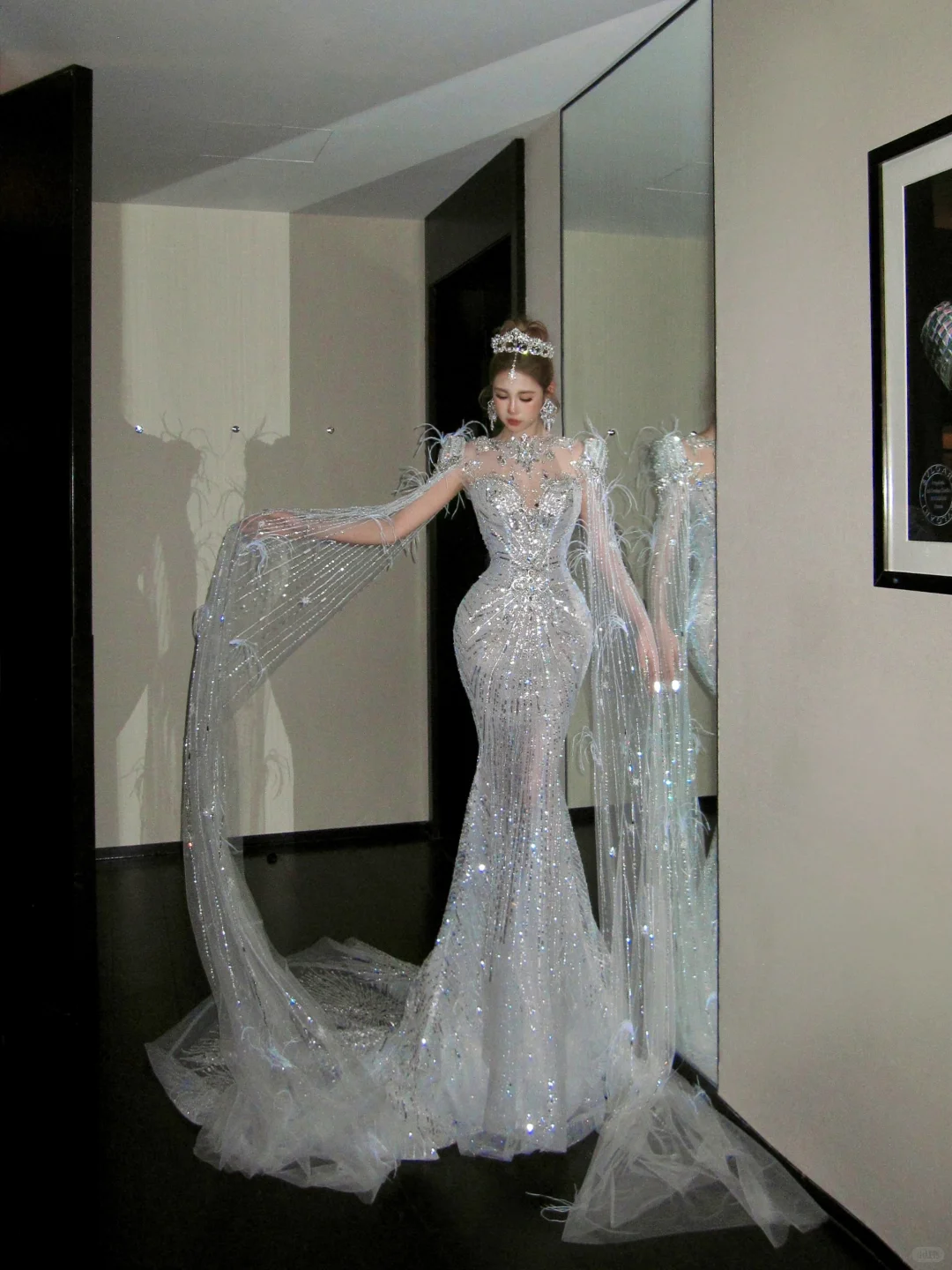 Elegant Glittering Silvery Beaded Sequined Design Mermaid Wedding Dress Prom Dress Evening Dress TP4236