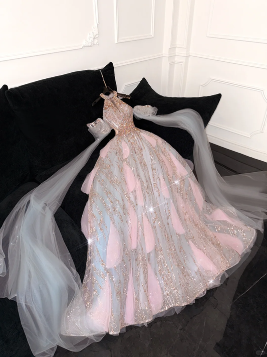 Gorgeous Shiny Pink Beaded Sequined Design A-Line Prom Dress Evening Dress Ball Gown TP4217