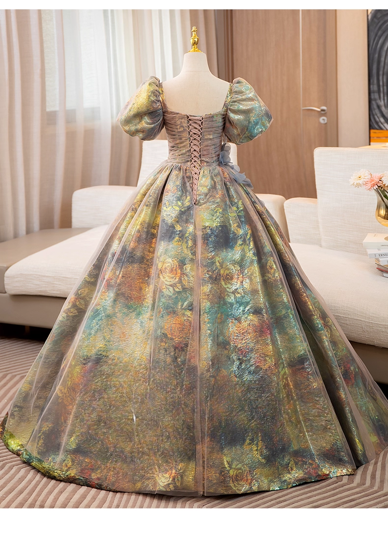 Vintage Court Retro Style Sweet 16 Quinceanera 3D Flowers Short-sleeved Evening Dress Long Ball Gown TP4945