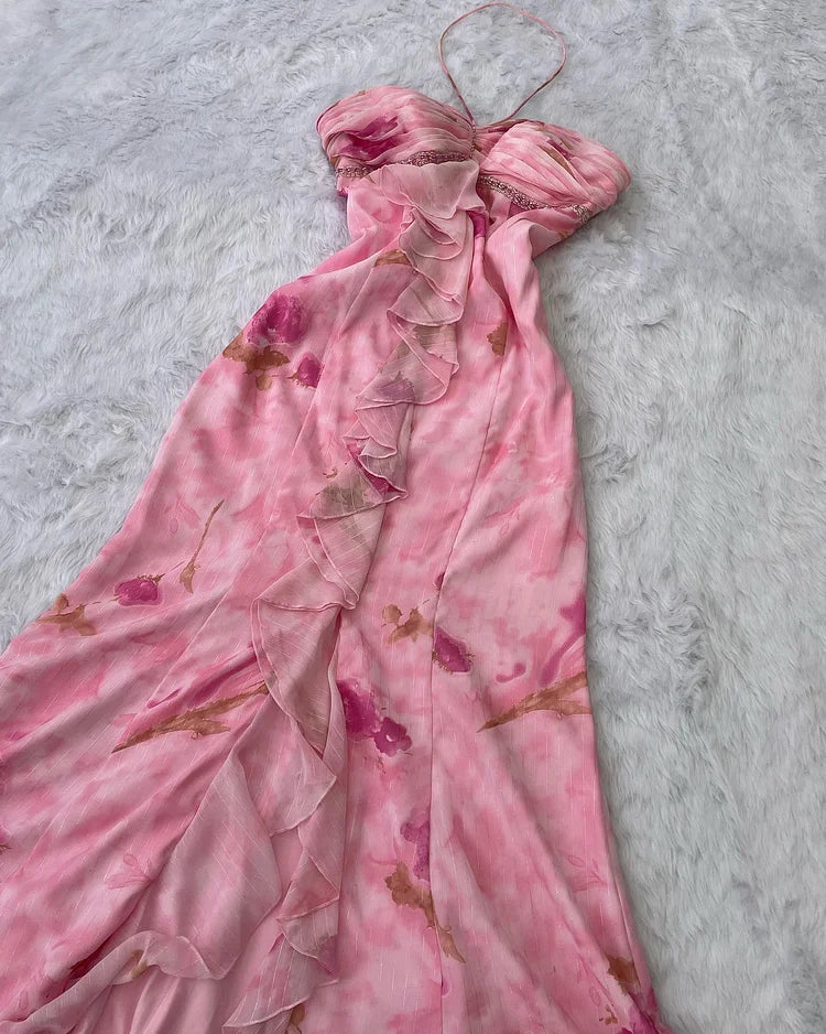 Vintage Pink Floral Prom Dress Sheath Ruffled Evening Dress Halter-neck Formal Dress TP4684