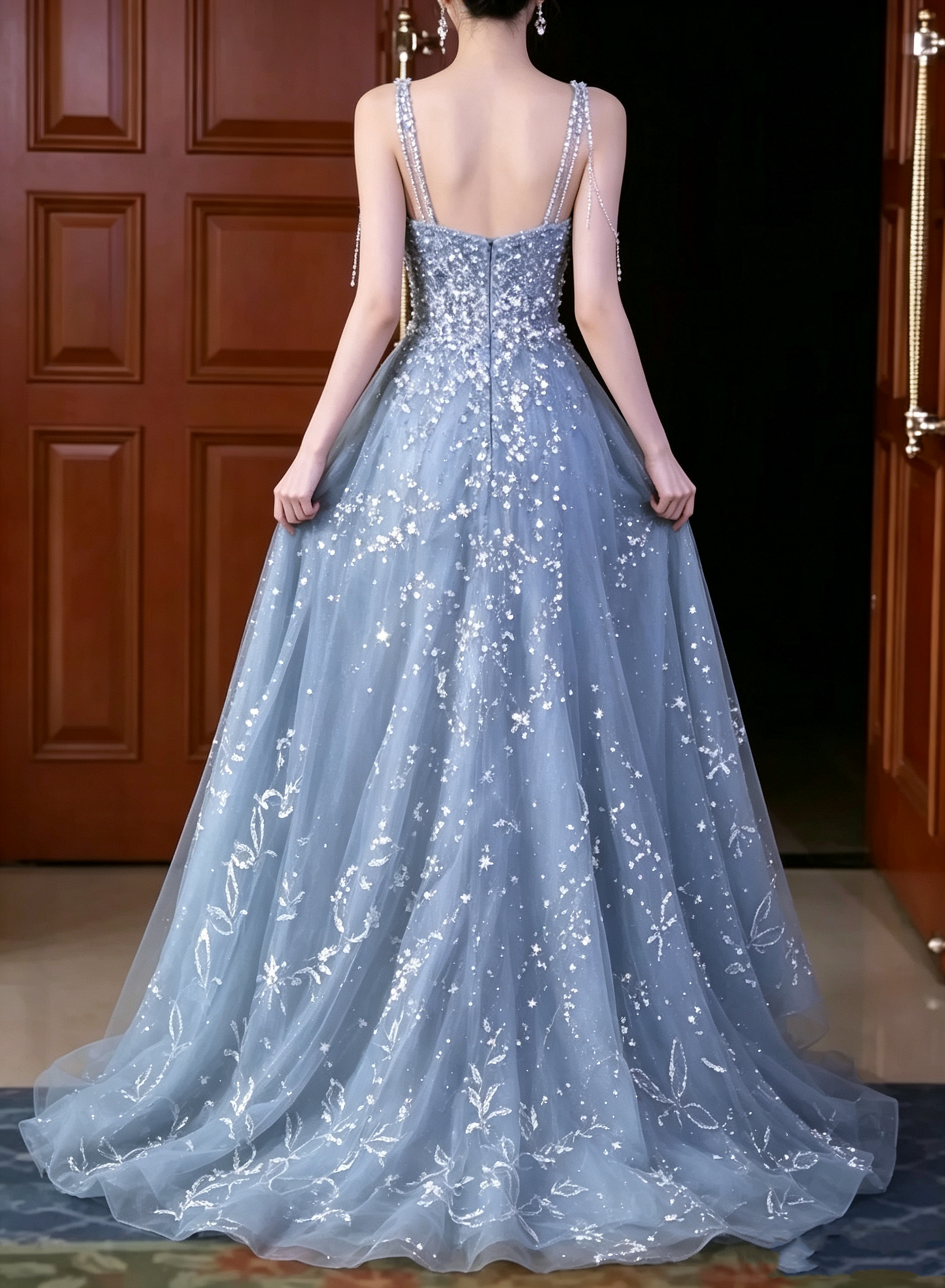 Vintage Dusty Blue Tulle Spaghetti Strap Beaded Floral Sequin Embroidery Floor Length Evening Gown TP6081