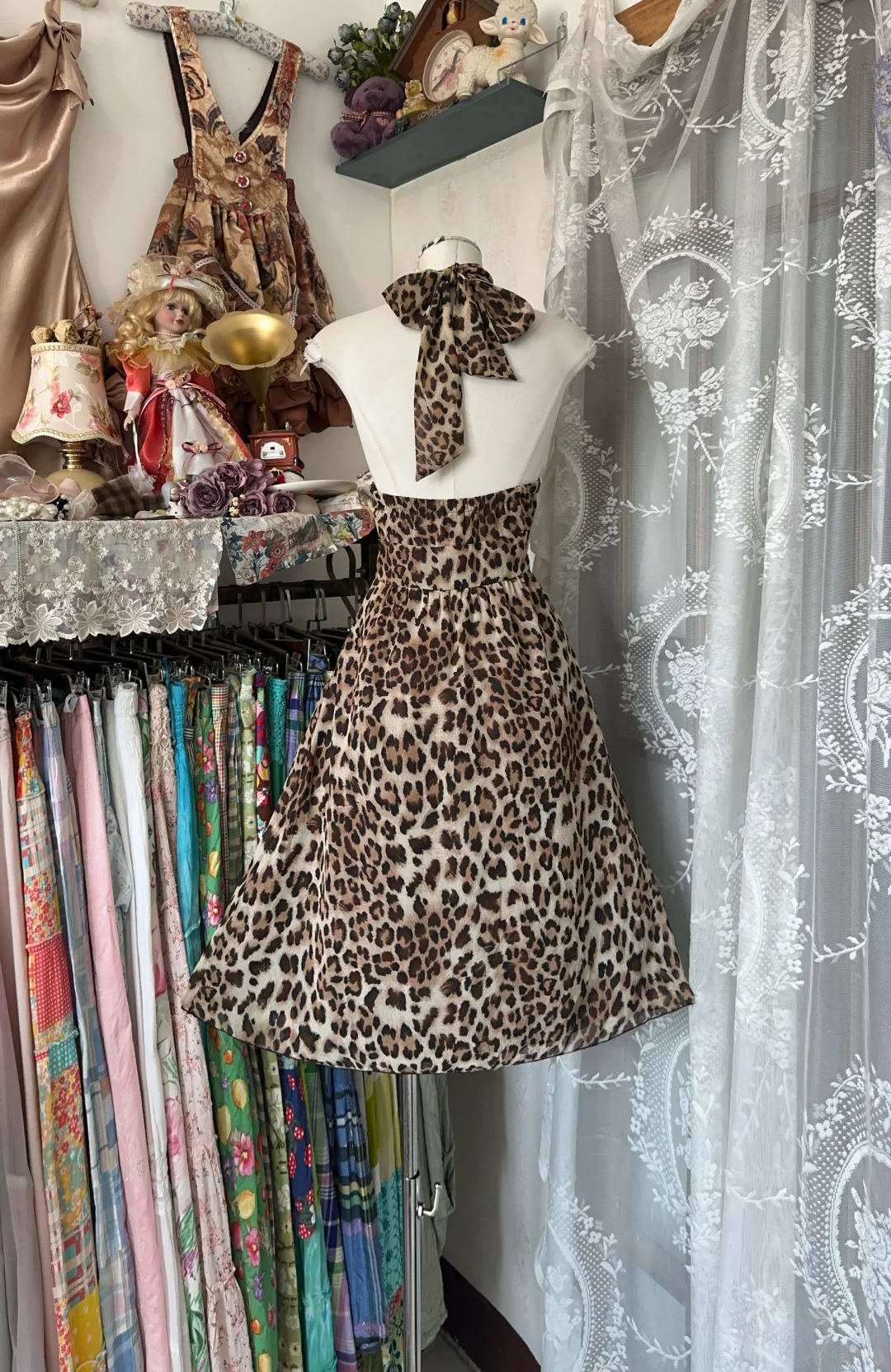 Vintage Leopard Print Halter Dress Design A-Line Homecoming Dress Party Dress TP4202