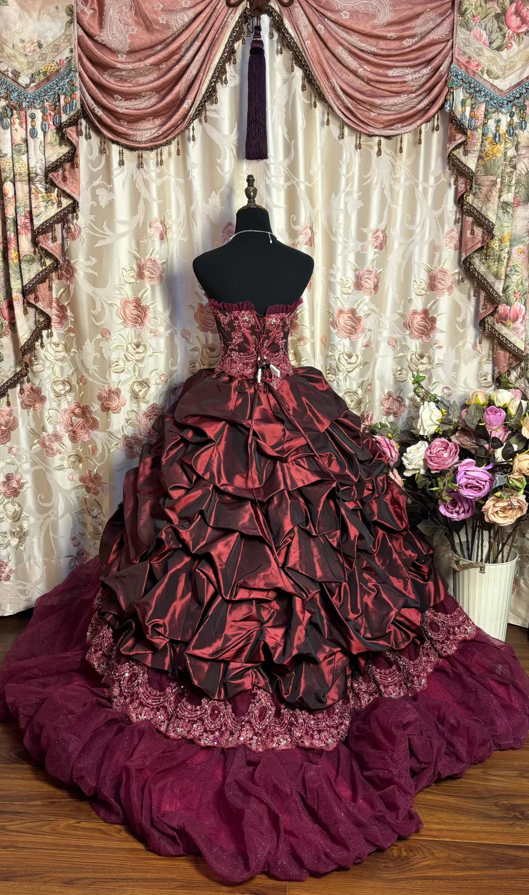 Vintage Burgundy Strapless Sequin Sweet 16 Quinceanera A-Line Evening Dress Ball Gown TP4286