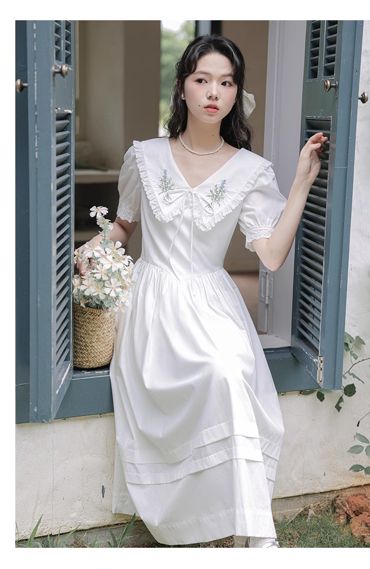 Simple Elegant Floral Design Short Sleeves Women Long Dress TP3064