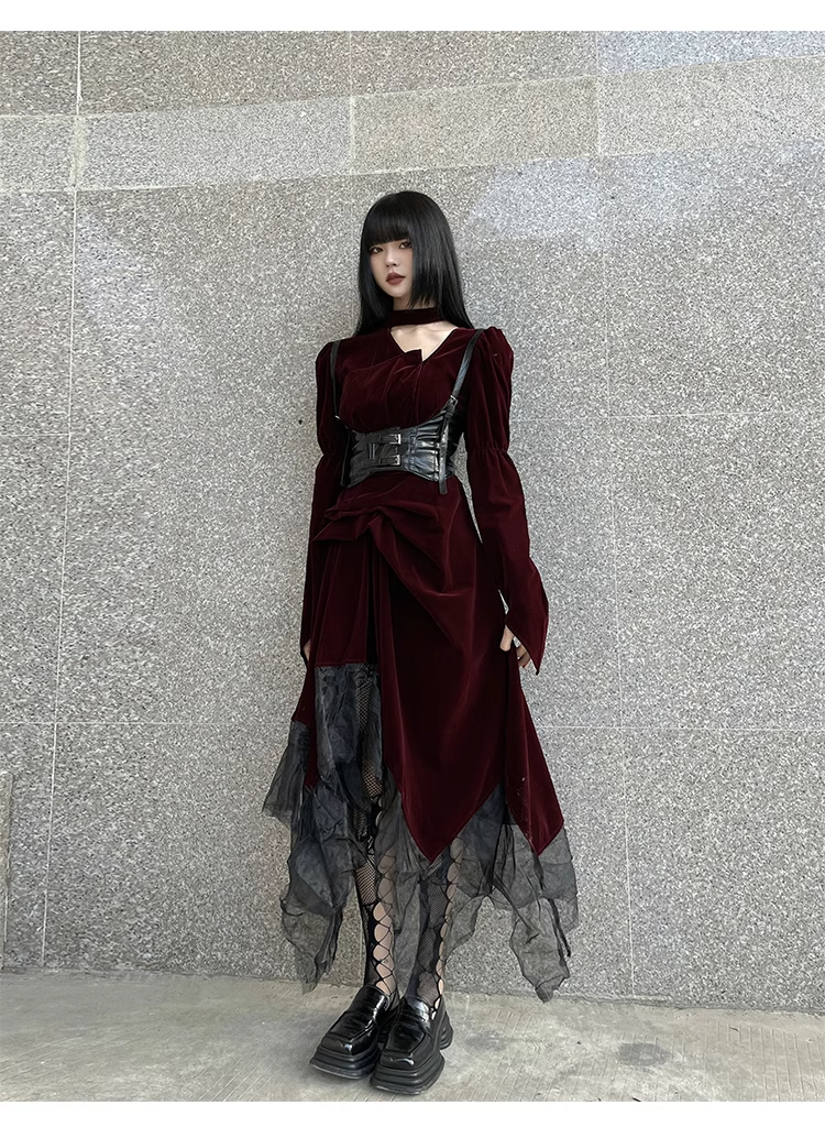 Elegant Fashion Red Velvet Irregular Dress Edge Design Gothic style party High-waisted Long-sleeved Dress TP2915
