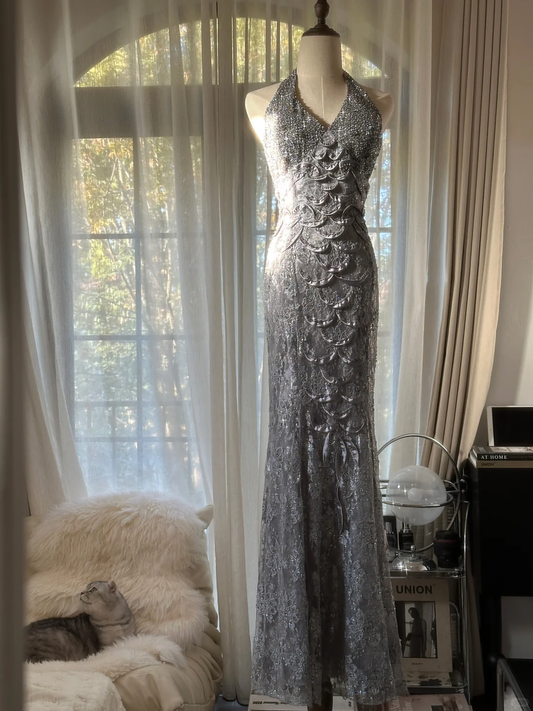 Vintage Silvery V-neck Sparkling Sequin Design Romantic Chiffon Evening Dress Prom Dress TP4018