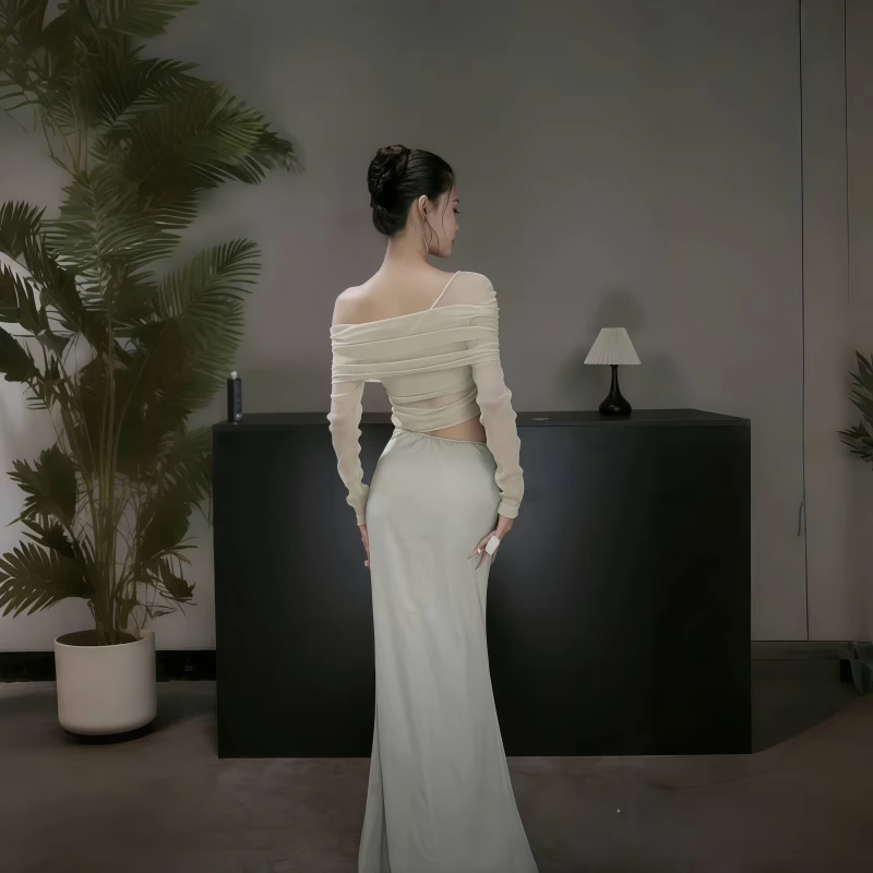 New Fashion Light Green Irregular One-shoulder Style Mesh Long-sleeved Dress TP2901