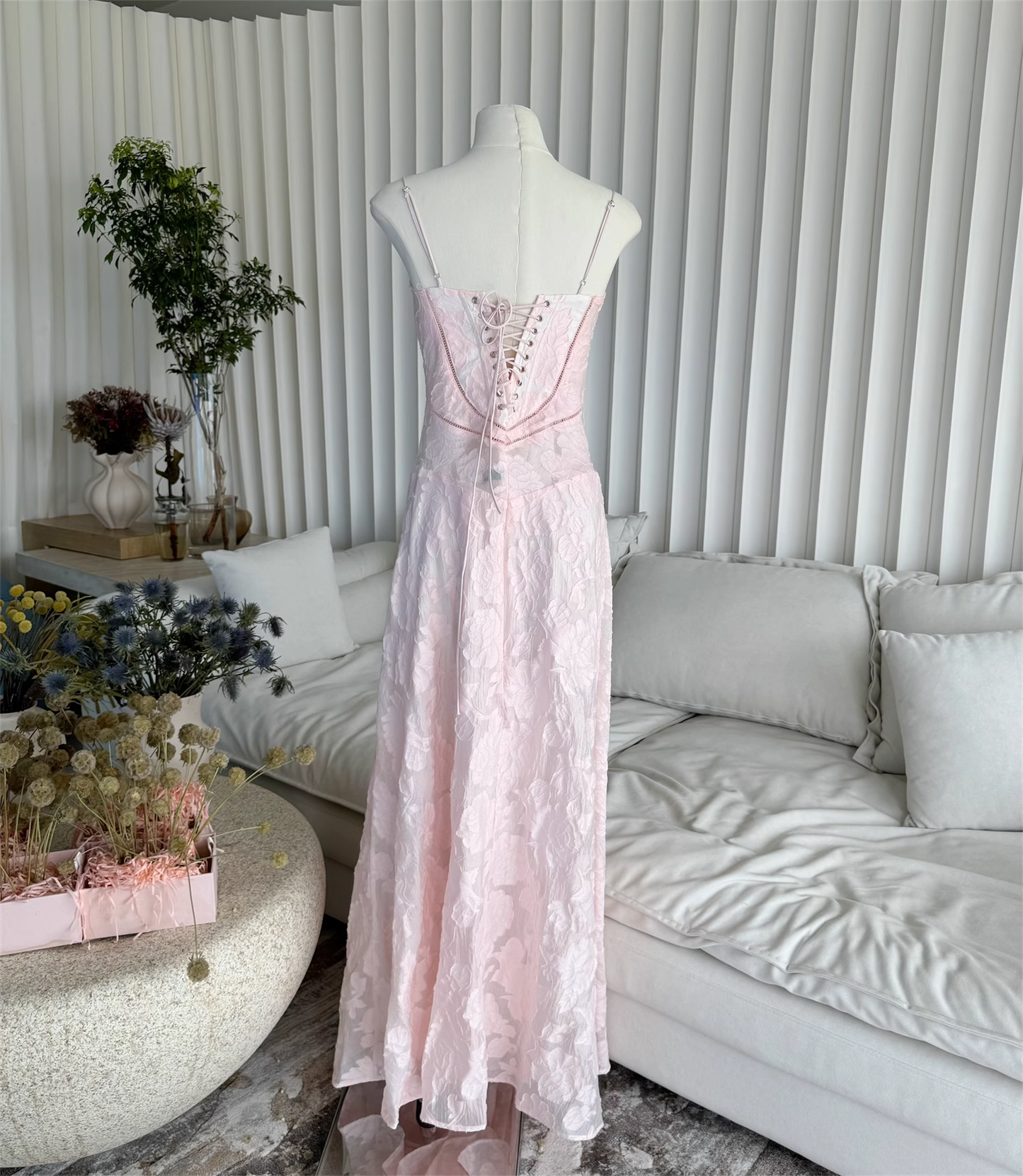 Sweet Pink Appliques Spaghetti Strap Design A-line Women Dress TP3870