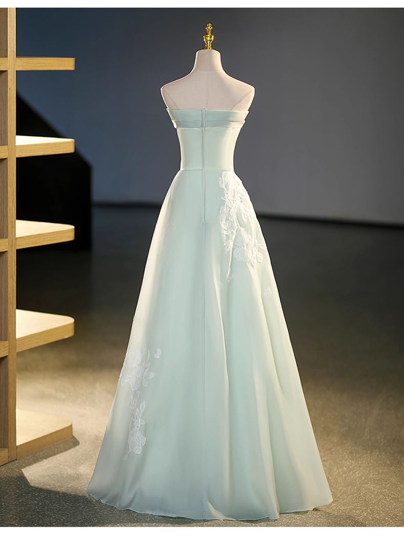Vintage Sage Green A-Line Applique Evening Gown Satin Strapless Party Dress Long Formal Dress TP4942