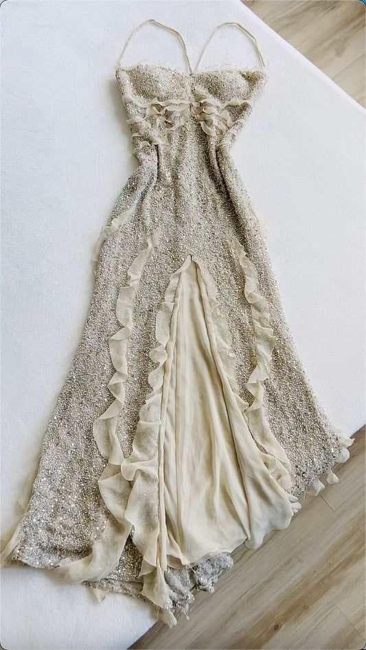 Enchanting Shiny Sequin Beaded Prom Dress Sheath Spaghetti Strap Evening Dress Long Formal Dress TP4696