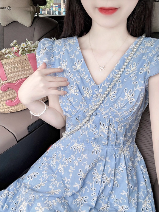 Vintage Light Blue Floral Prom Dress A-Line Short-sleeve Evening Dress Long Summer Dress TP4720