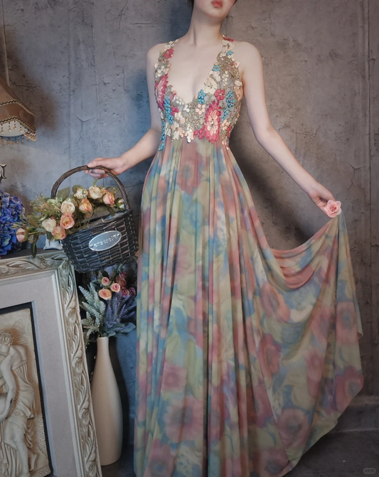 Vintage Floral Backless Design Elegant Chiffon Evening Dress Prom Dress TP4030