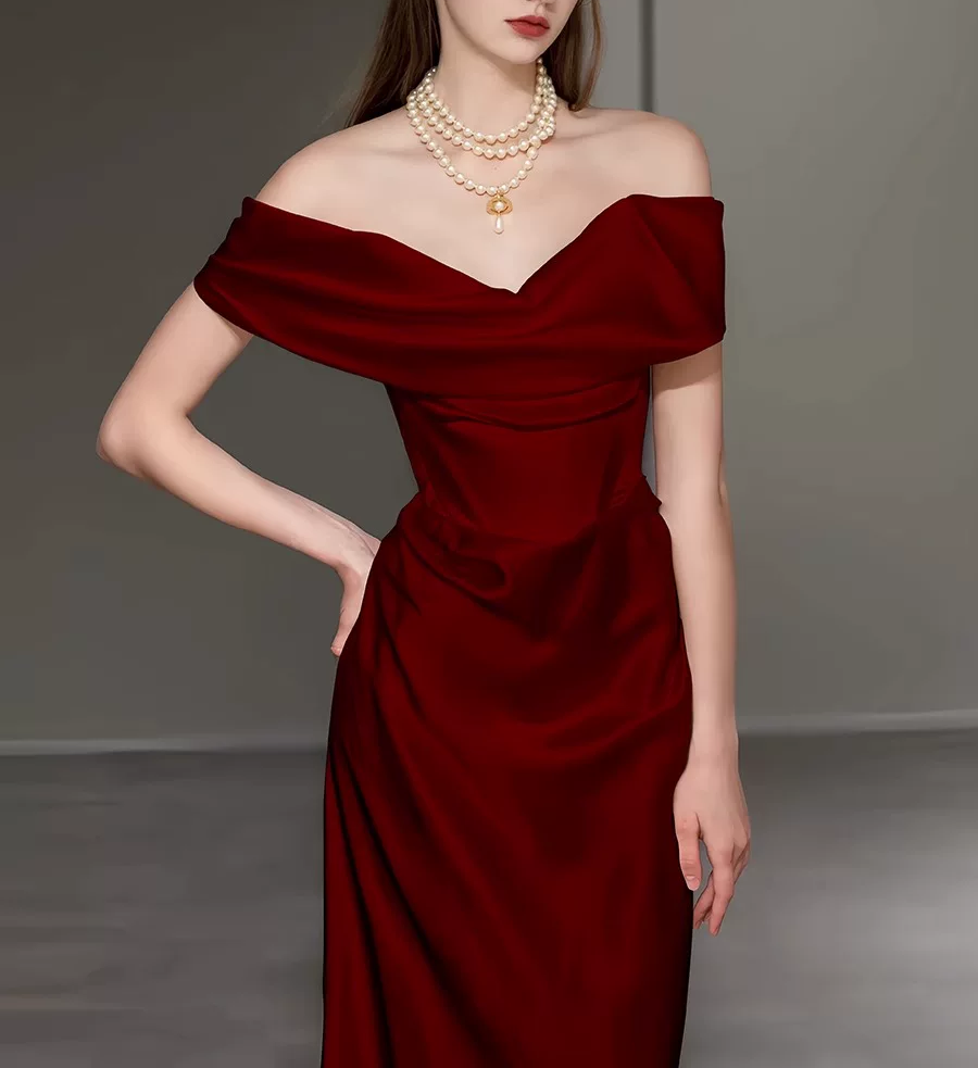 Elegant Burgundy Satin Off-the-Shoulder Mermaid Draped Prom Dress TP6099