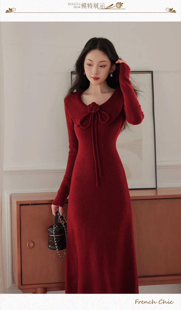 Vintage Burgundy Sheath Prom Dress Long-sleeve Evening Dress Knit Long Formal Dress TP4729