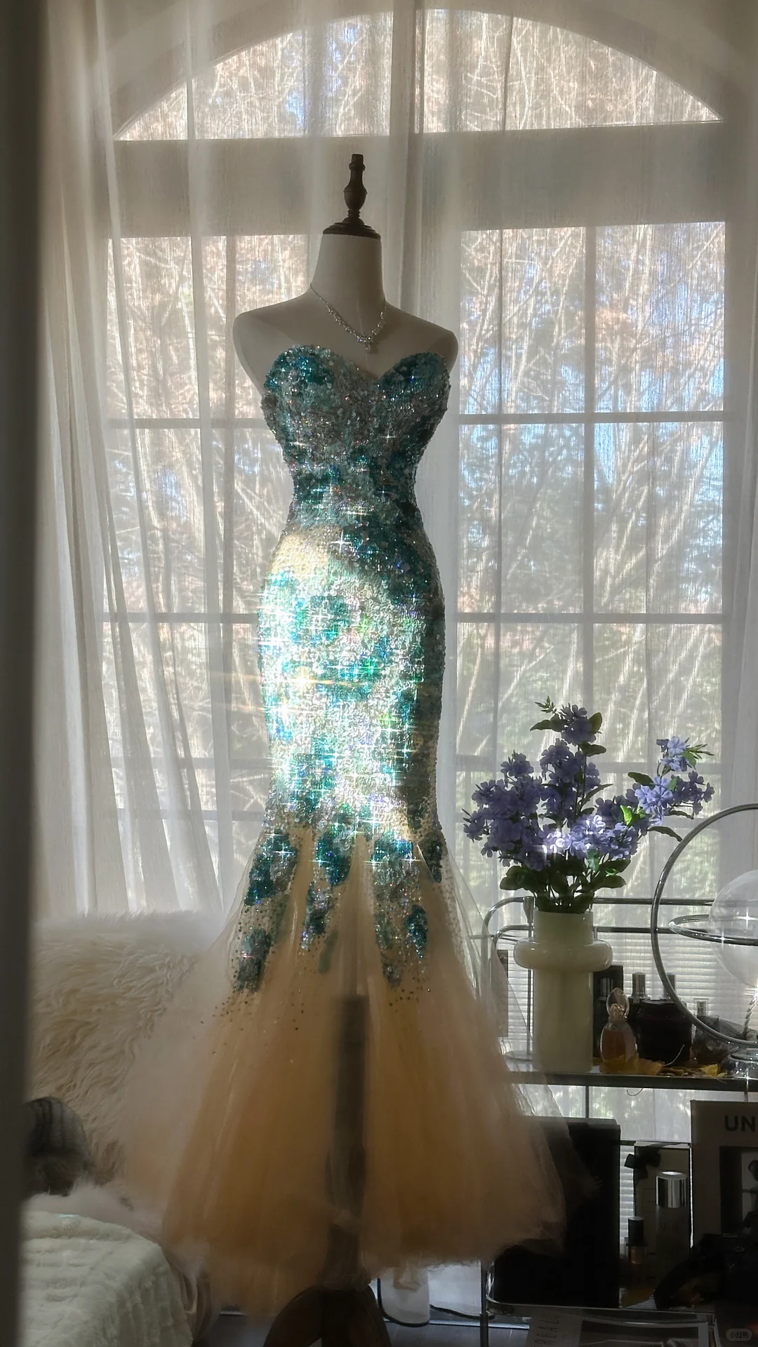 Gorgeous Mermaid Blue-green Sparkling Strapless Elegant Beaded Chiffon Evening Dress Prom Dress TP3976