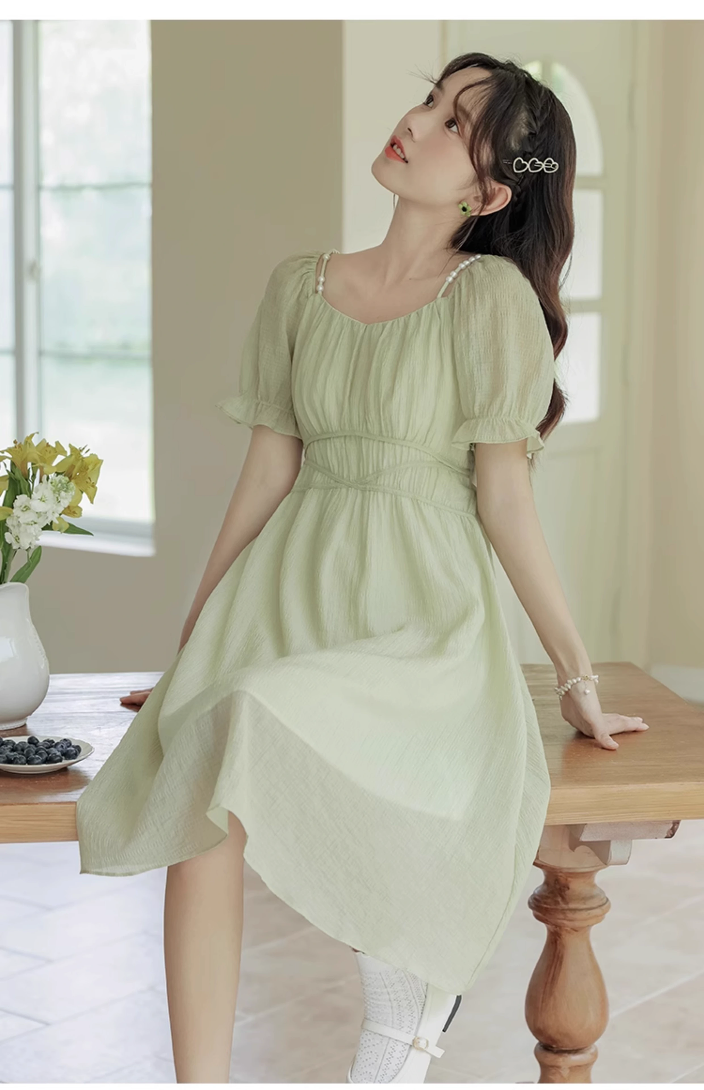 New Simple Fashion Green Short Sleeve Design A-Line Long Dress TP3044