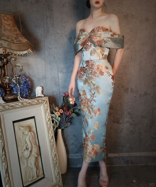 Vintage Floral Off-the-shoulder Sweetheart Design Elegant Satin Evening Dress Prom Dress TP4031
