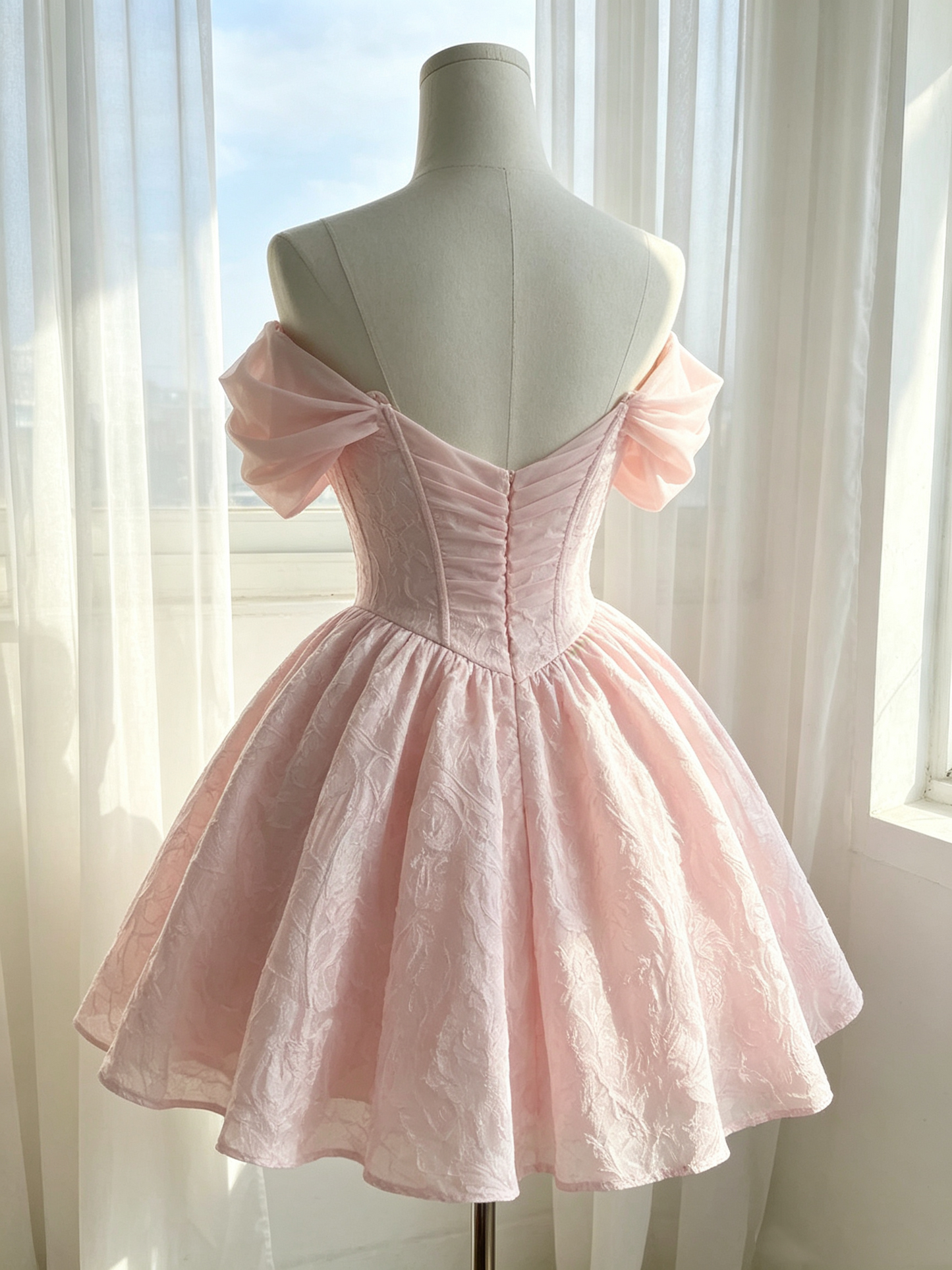 Romantic Pink Draped Off-the-Shoulder Jacquard Corset A-Line Homecoming Dress TP5942