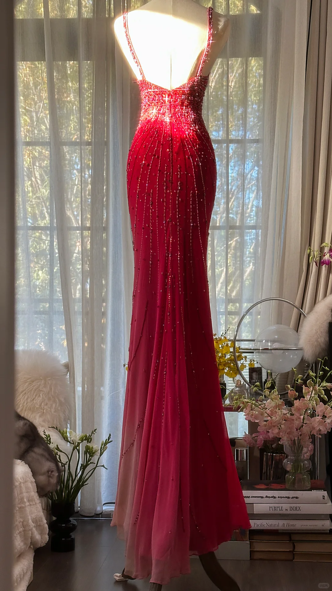 Retro Red V-neck Sparkling Beaded Mermaid Chiffon Ball Gown Evening Dress Prom Dress TP3970