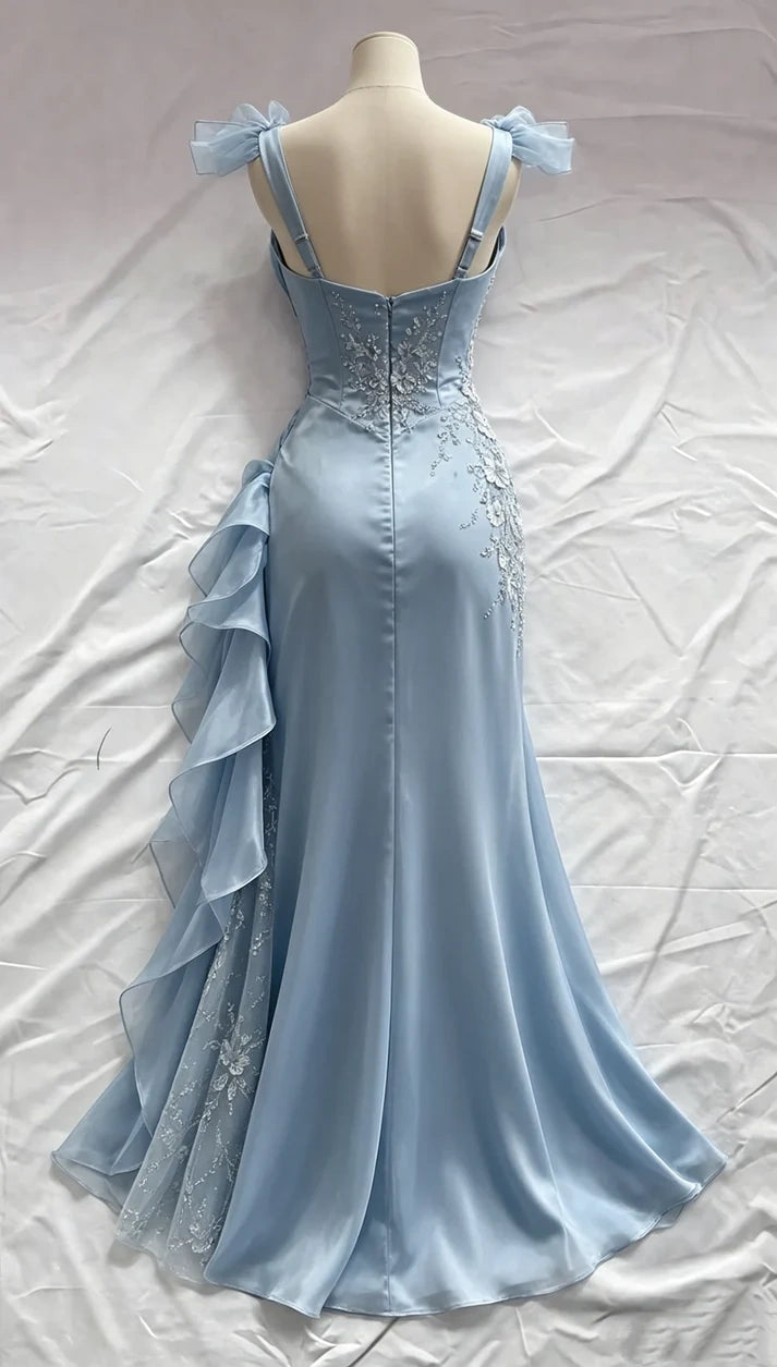 Vintage Dusty Blue Satin Mermaid Sweetheart Spaghetti Strap 3D Floral Lace Applique High Slit Ruffle Prom Dress TP5892