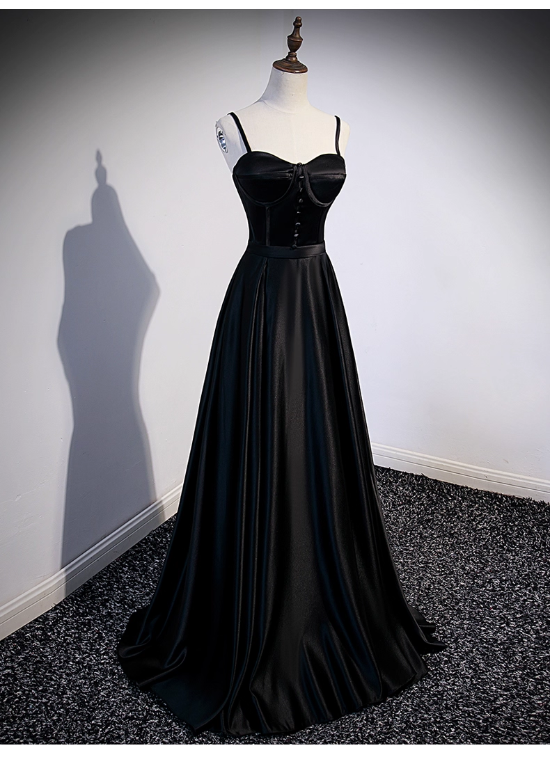 Vintage Black Satin A-Line Evening Gown Sweetheart Spaghetti Strap Party Dress Long Formal Dress TP4956