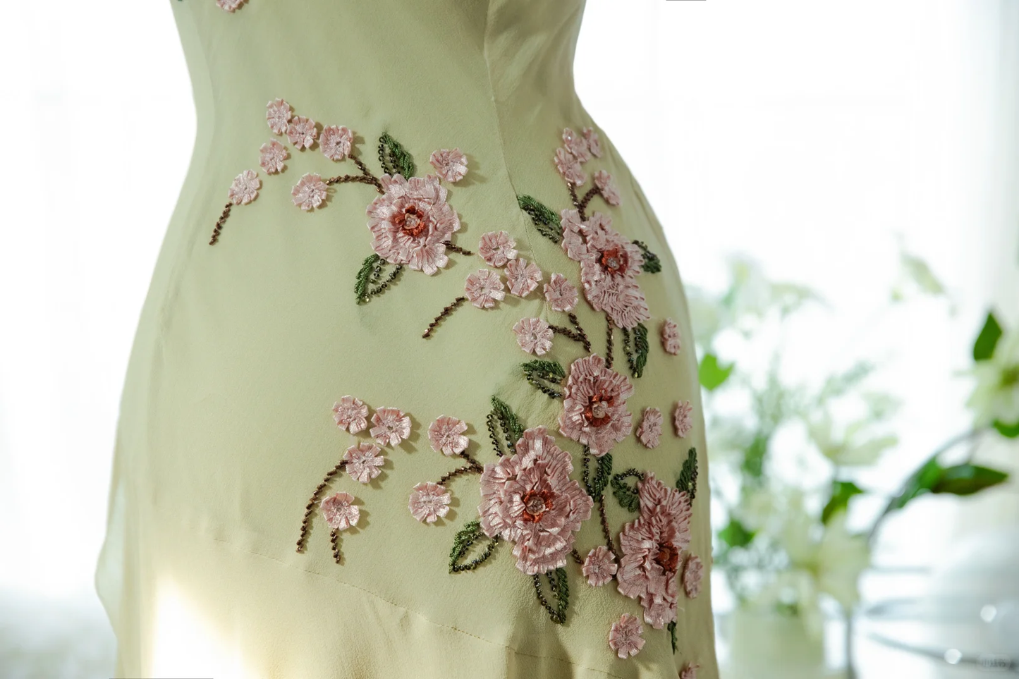 Vintage Light Green Spaghetti Strap Floral Design A-line Romantic Chiffon Evening Dress Prom Dress TP4006