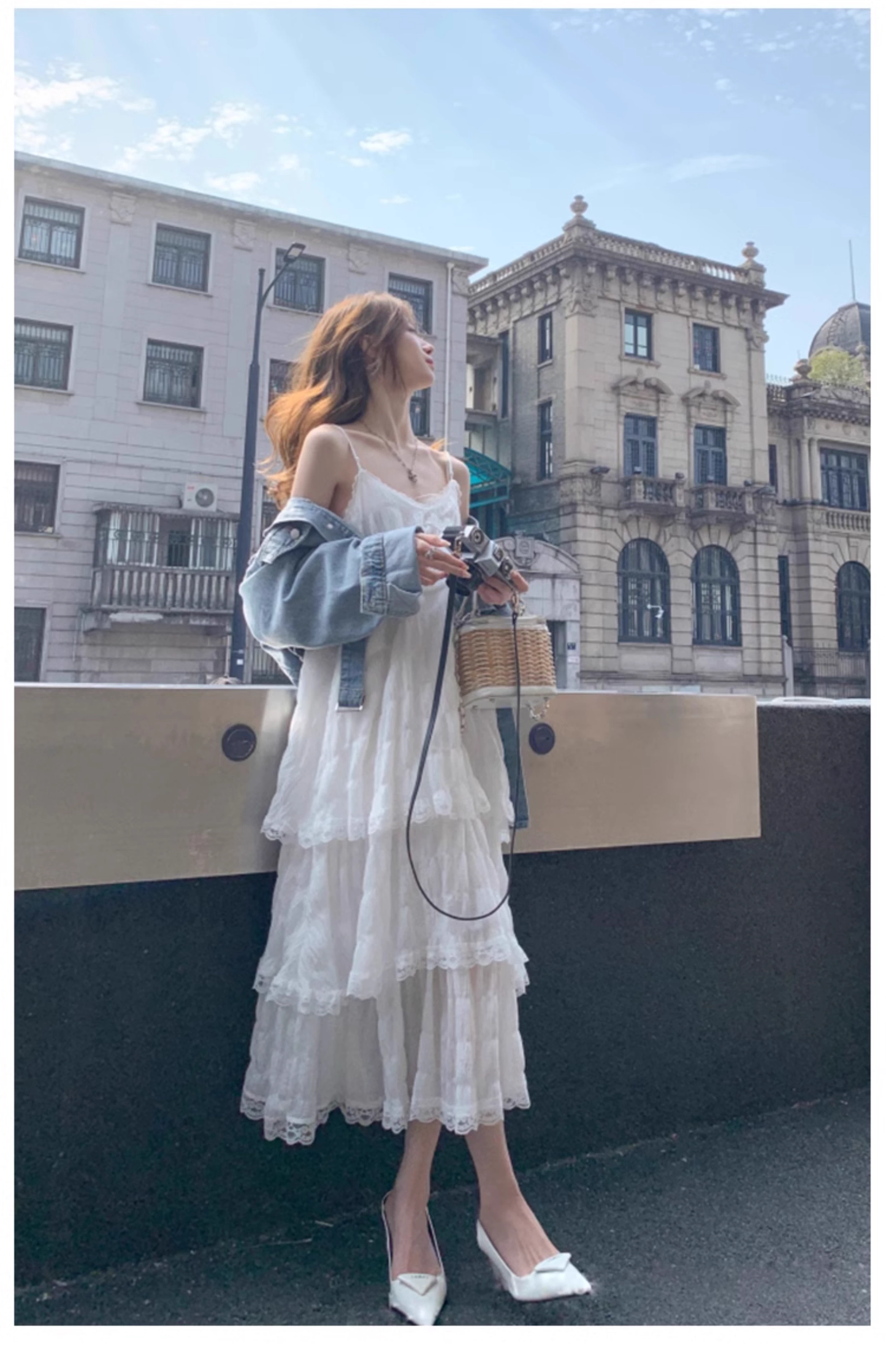 New Fashion White Tiered Dress Design A-line Beach Holiday Spaghetti Strap Dress TP3351