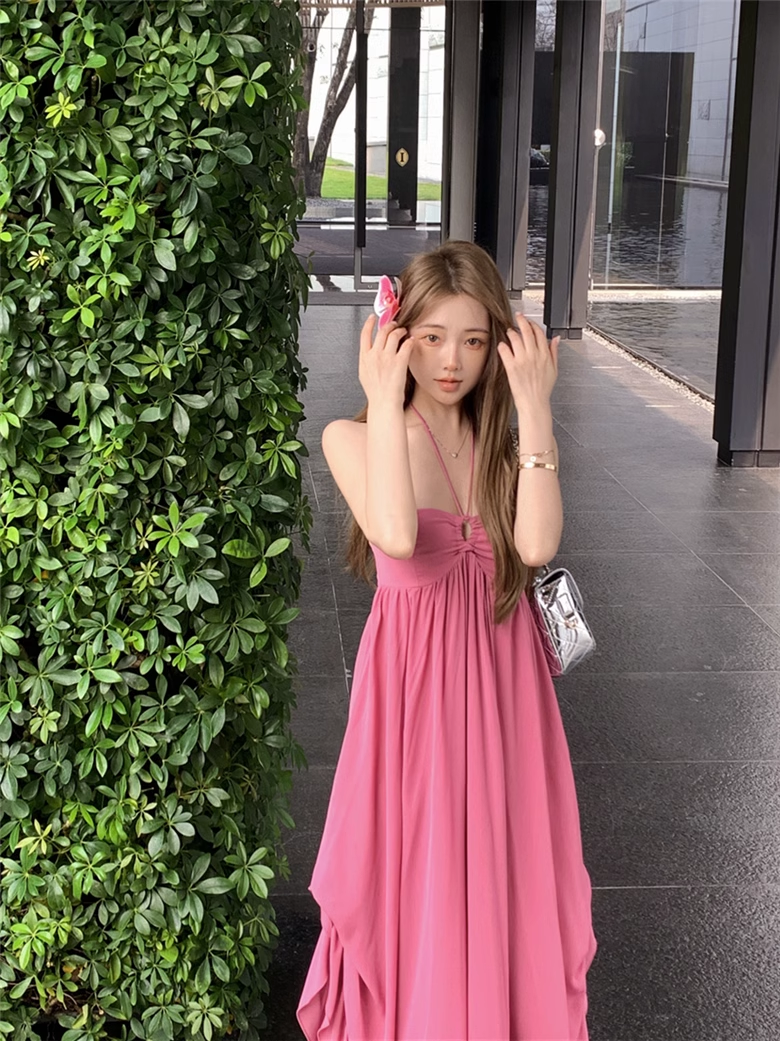 New Fashion Rose Pink Loose-fitting Design A-line Halter Dress TP3432