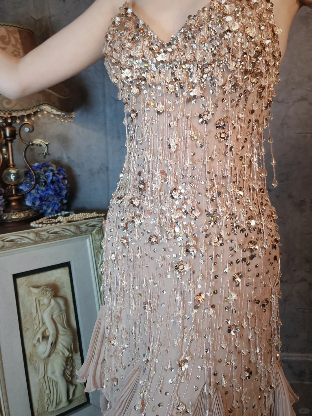 Vintage Champagne Spaghetti Strap V-neck Sparkling Beaded Design Elegant Chiffon Evening Dress Prom Dress TP4032