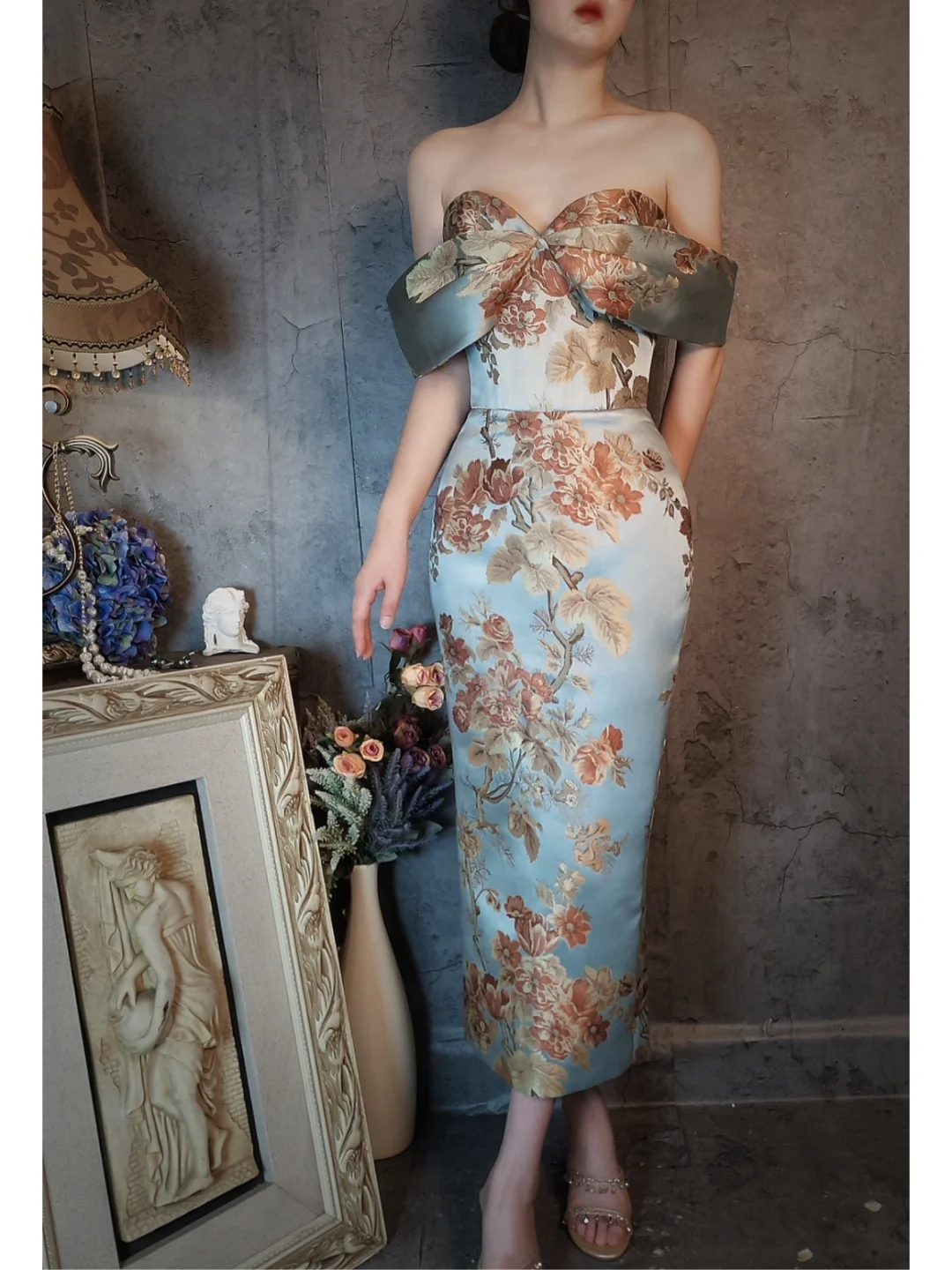 Vintage Floral Off-the-shoulder Sweetheart Design Elegant Satin Evening Dress Prom Dress TP4031