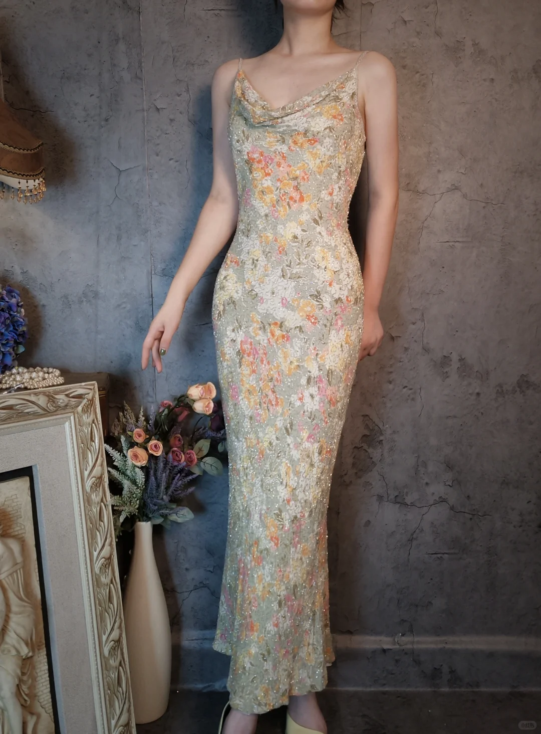 Vintage Floral Spaghetti Strap Sparkling Beaded Design Romantic Chiffon Evening Dress Prom Dress TP4027