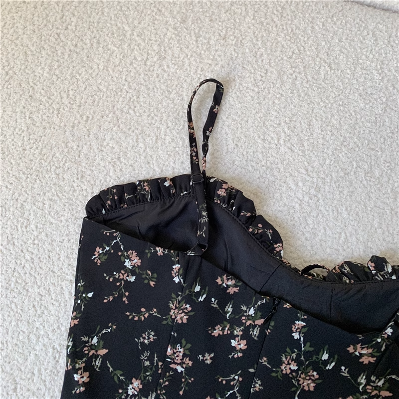 New Fashion Floral Design A-line Black High-waist Sleeveless Spaghetti Strap Dress TP3258