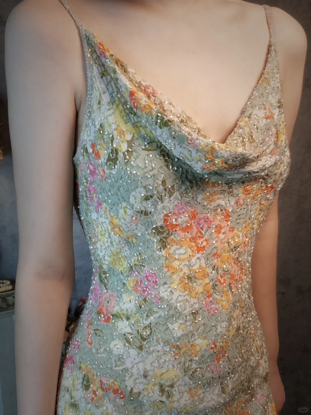 Vintage Floral Spaghetti Strap Sparkling Beaded Design Romantic Chiffon Evening Dress Prom Dress TP4027