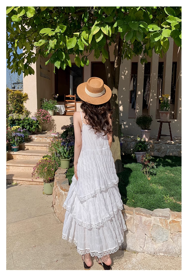 New Fashion White Tiered Dress Design A-line Beach Holiday Spaghetti Strap Dress TP3351