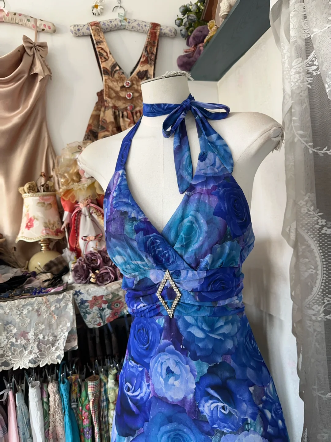 Vintage Navy Blue Floral V-neck Halter Dress Elegant A-Line Long Evening Dress Prom Dresses TP4197