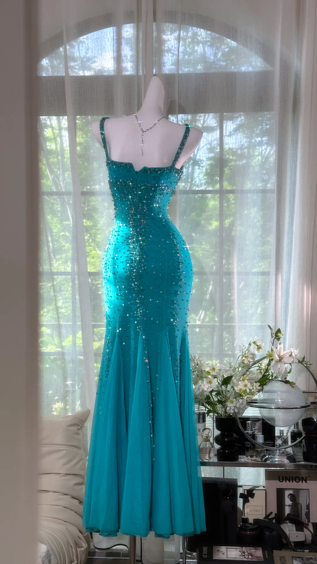 Vintage Blue Mermaid Long Prom Dress Shiny Beaded Chiffon Spaghetti Strap Formal Dress TP4554
