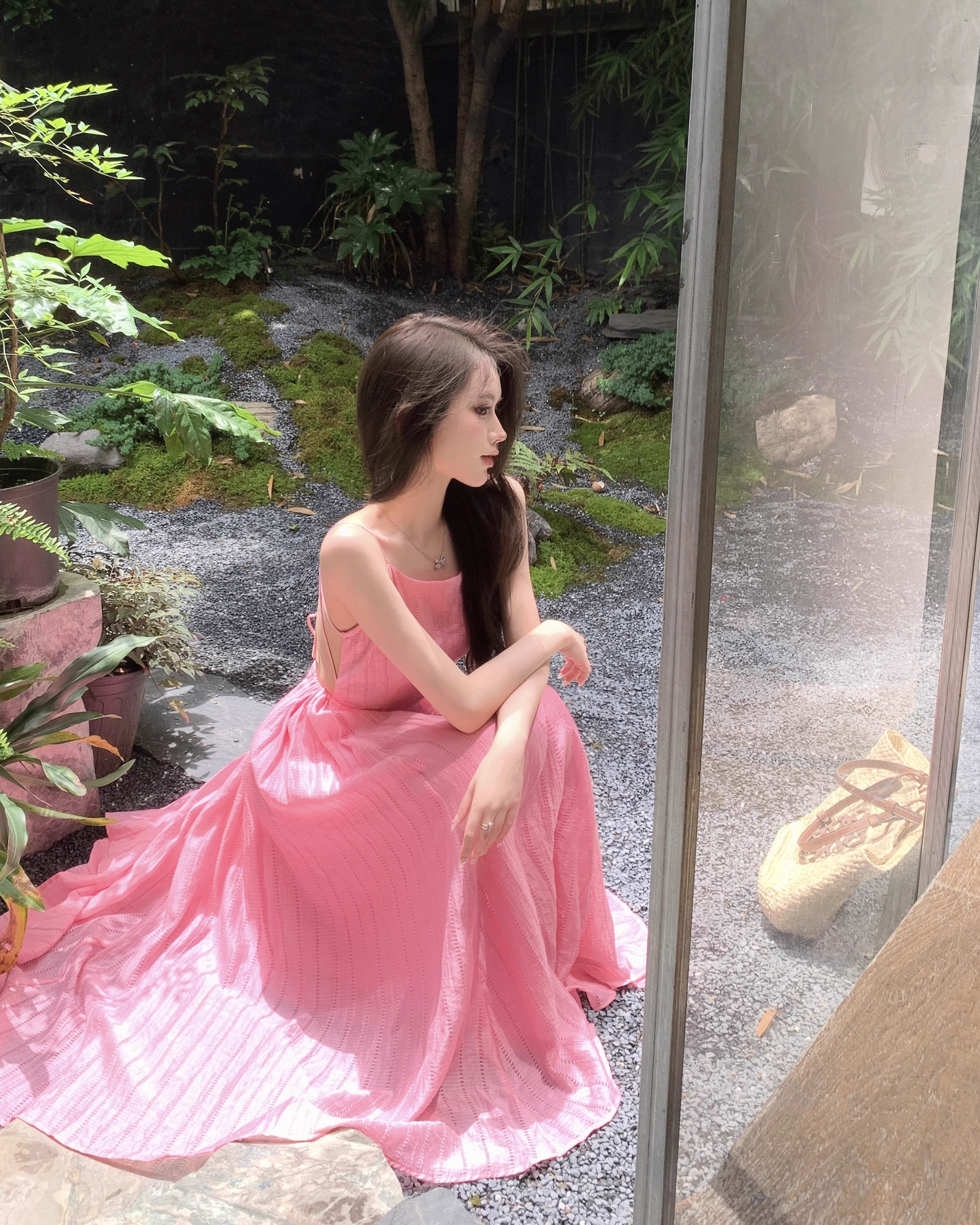 Simple Fashion Rose Pink Backless Loose-fitting Design A-line Spaghetti Strap Dress TP3424