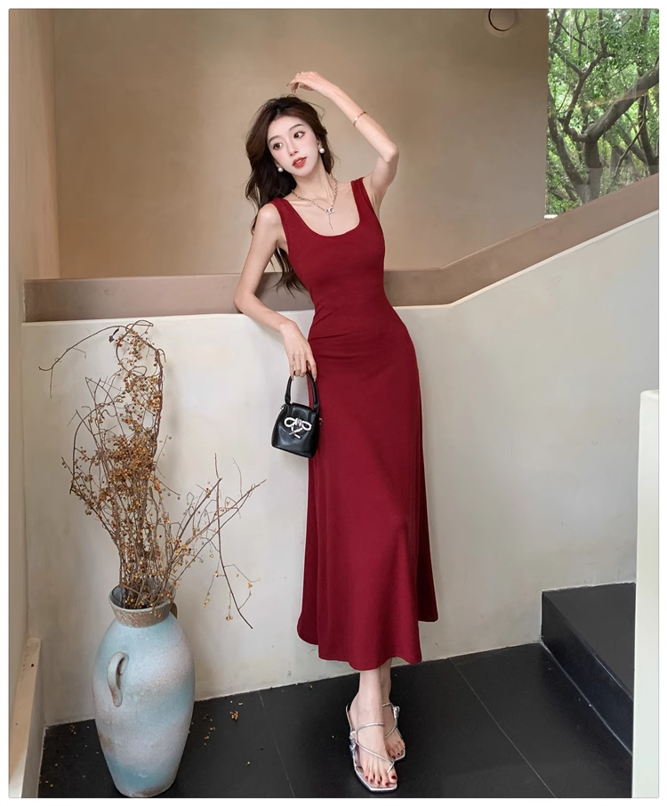 Simple Elegant Square Collar Design A-Line Sleeveless Strap Dress TP3140