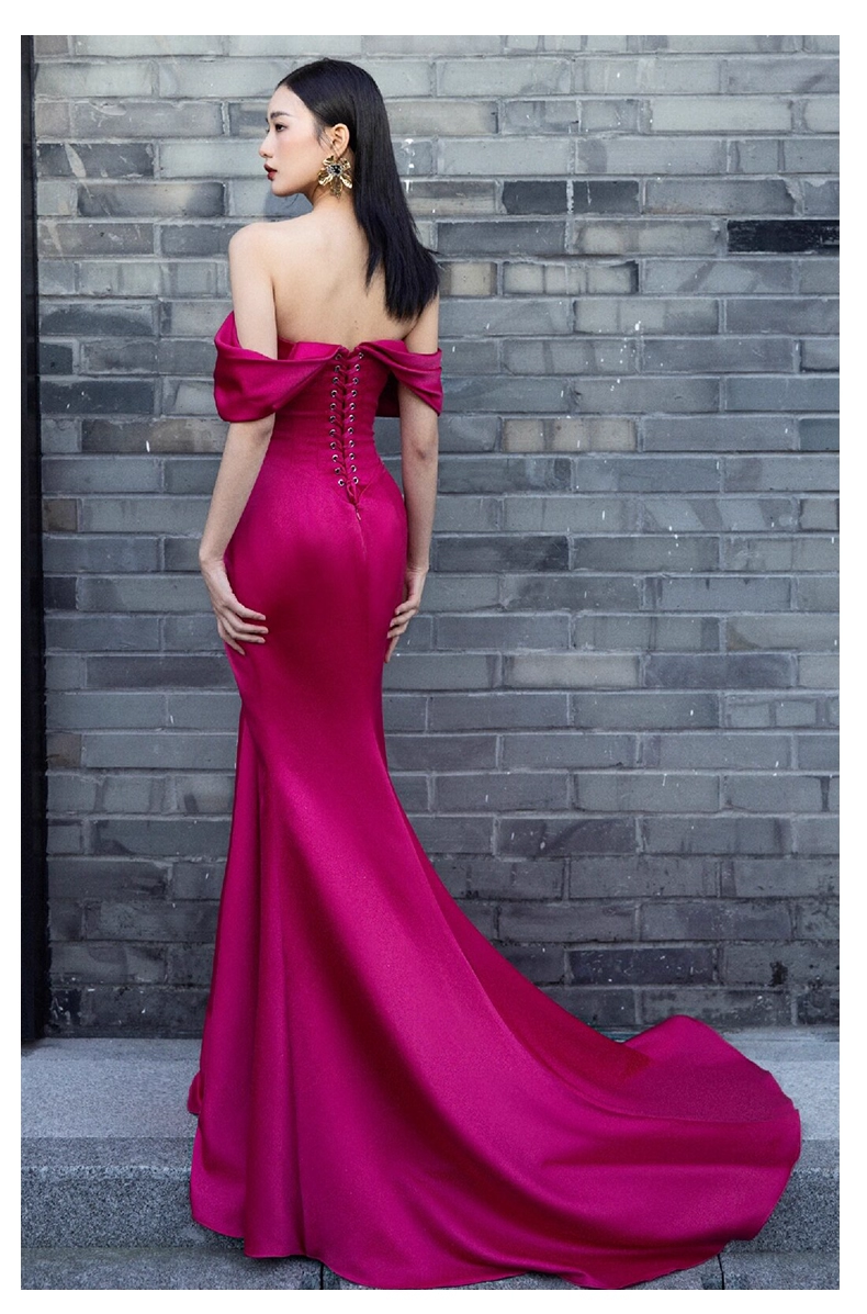 Elegant Hot Pink Off-the-shoulder Prom Dress Satin Evening Gown Mermaid Party Dress Trailing Long Formal Dress TP4842