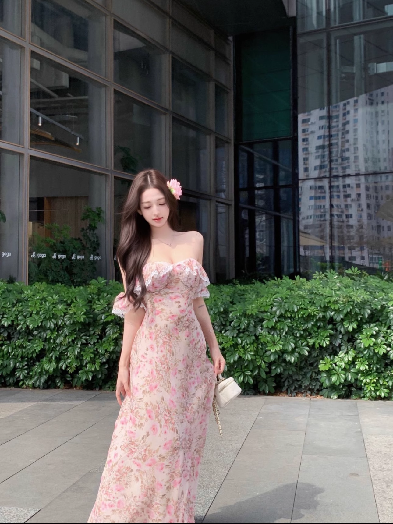 New Fashion Pink Floral Design Beach Holiday Long A-line Strapless Dress TP3311