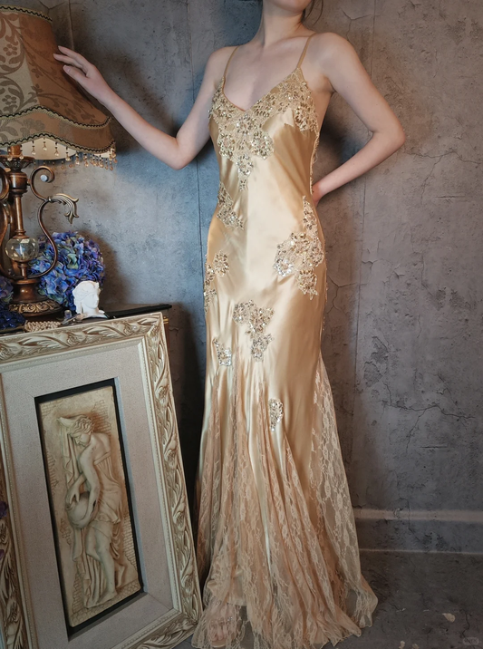 Retro Golden V-neck Sparkling Beaded Backless Design Elegant Satin Evening Dress Prom Dress TP4033