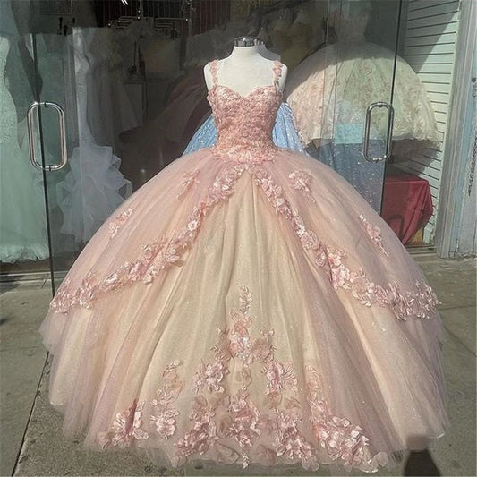 Retro Pink Sweetheart Appliqued 3D Flower A-Line Tulle 18 Birthday Quinceanera Dresses Evening Ball Gowns TP4122