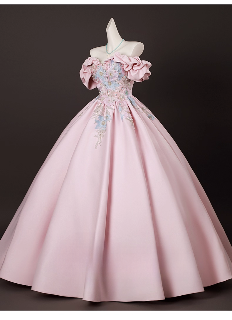 Elegant Pink Satin Applique Sweet 16 Quinceanera A-Line Off-the-shoulder Evening Dress Long Ball Gown TP4936