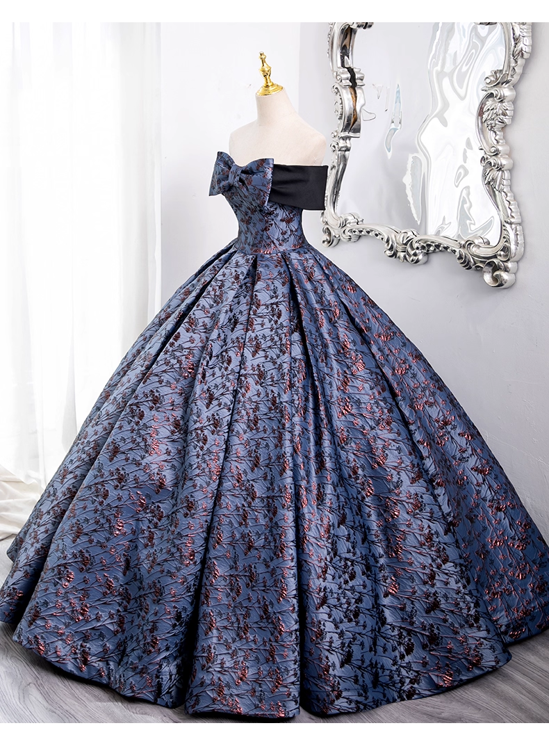 Vintage Floral Satin Sweet 16 Quinceanera Bow Off-the-shoulder Evening Dress Long Ball Gown TP4946