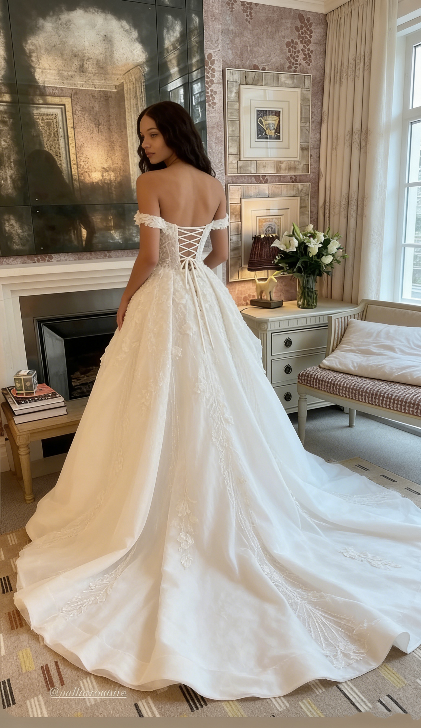 Dreamy Off-the-Shoulder Corset Wedding Dress High Slit Embroidered Bridal Gown TP1851
