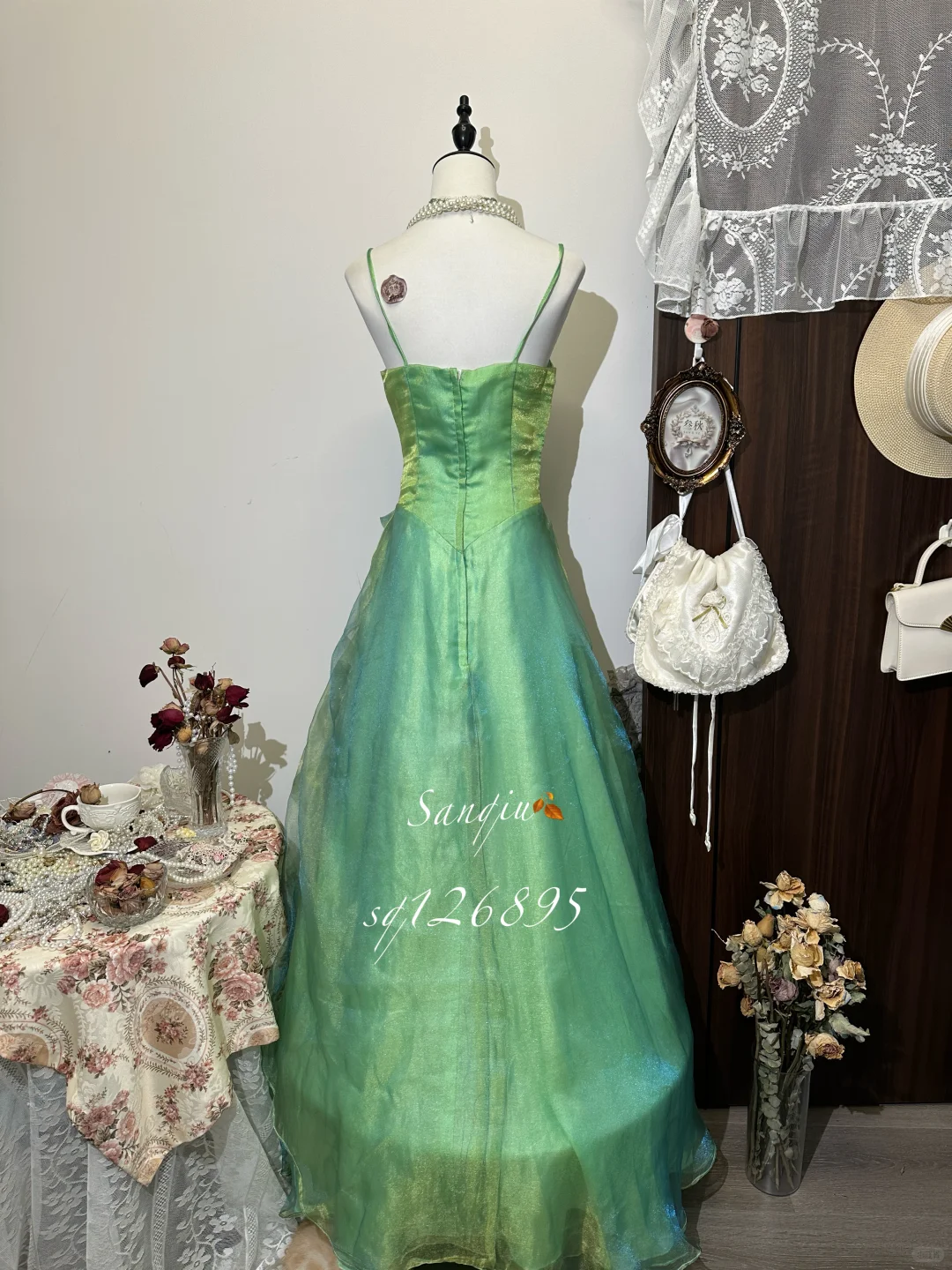 Vintage Green A-Line Beaded Spaghetti Strap Evening Dress A-Line 3D Flowers Long Prom Dress TP4991