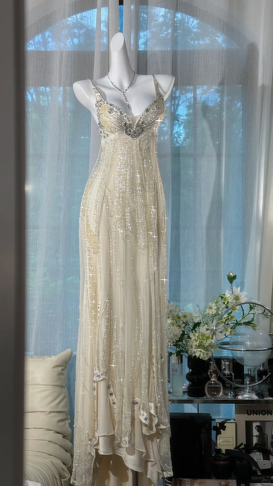 Gorgeous Shiny Beige Beaded Sequin Spaghetti Strap Design Chiffon Prom Dress Evening Dress TP4245