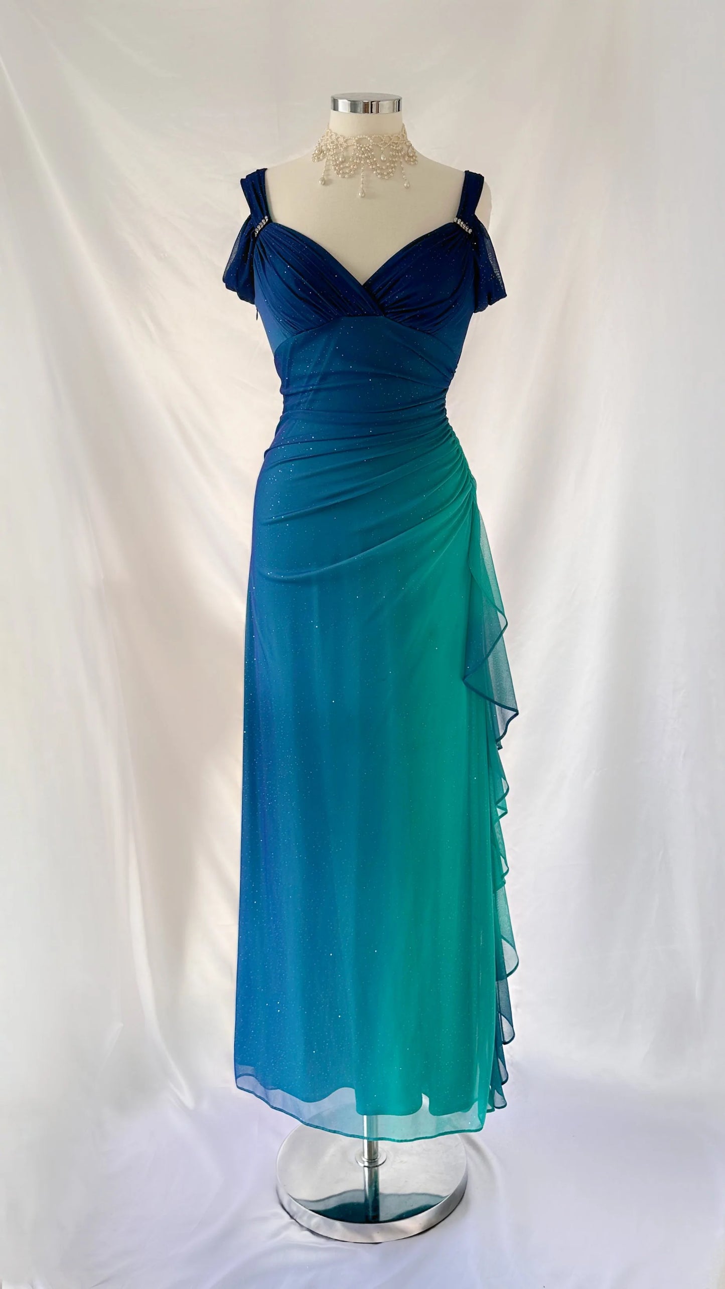 Vintage Shiny Gradient Blue-green Sheath Chiffon Unique Shoulder Strap Design Long Prom Dress Evening Dress TP2505