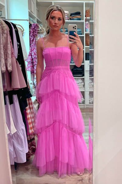 Hot Pink New Style Spaghetti Straps Floor Length Prom Dress with Ruffles TP80