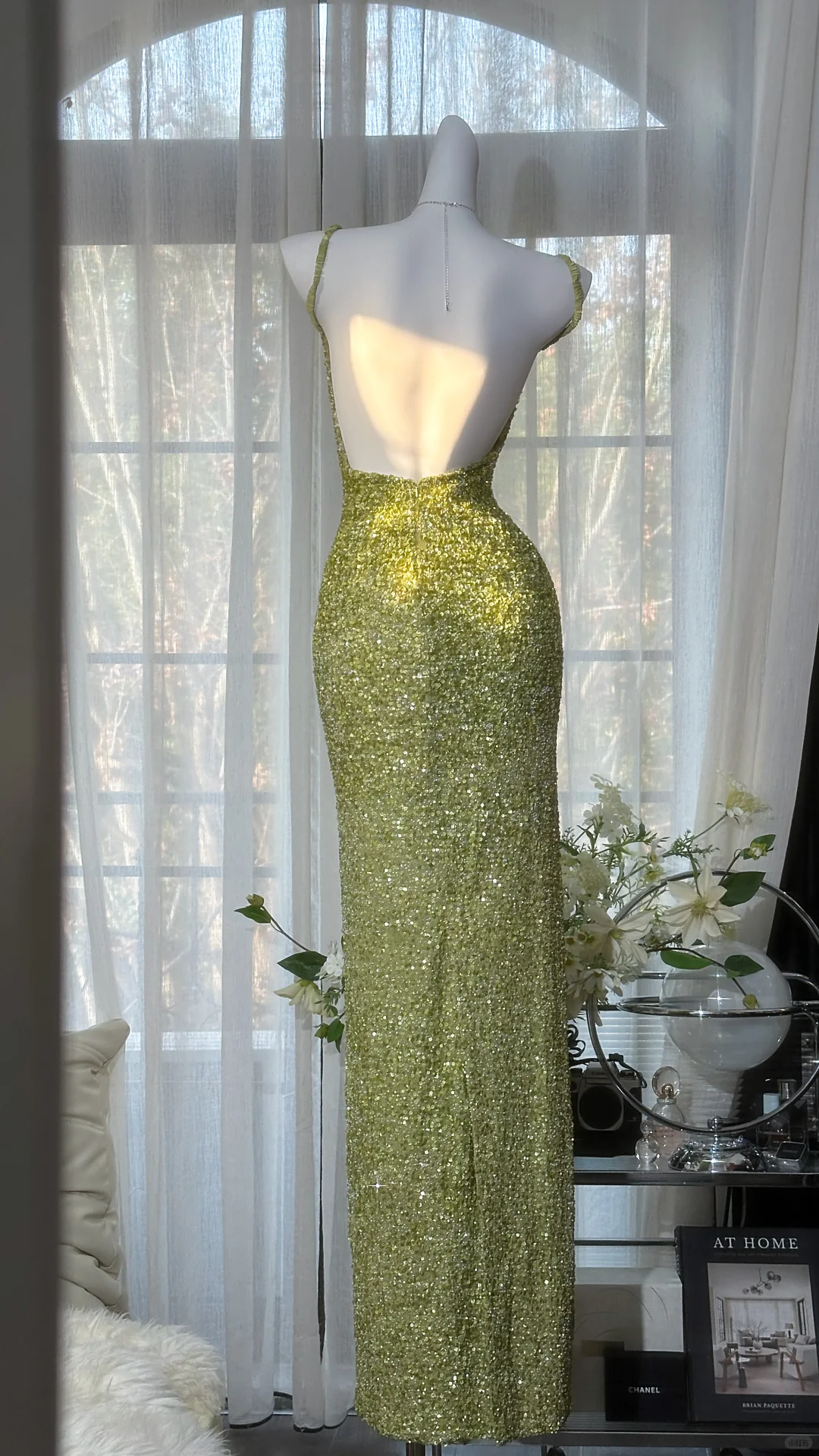 Vintage Lime Green Sequin Square Neck Maxi Prom Dress Spaghetti Strap Glitter Evening Gown for Wedding Guest TP5737